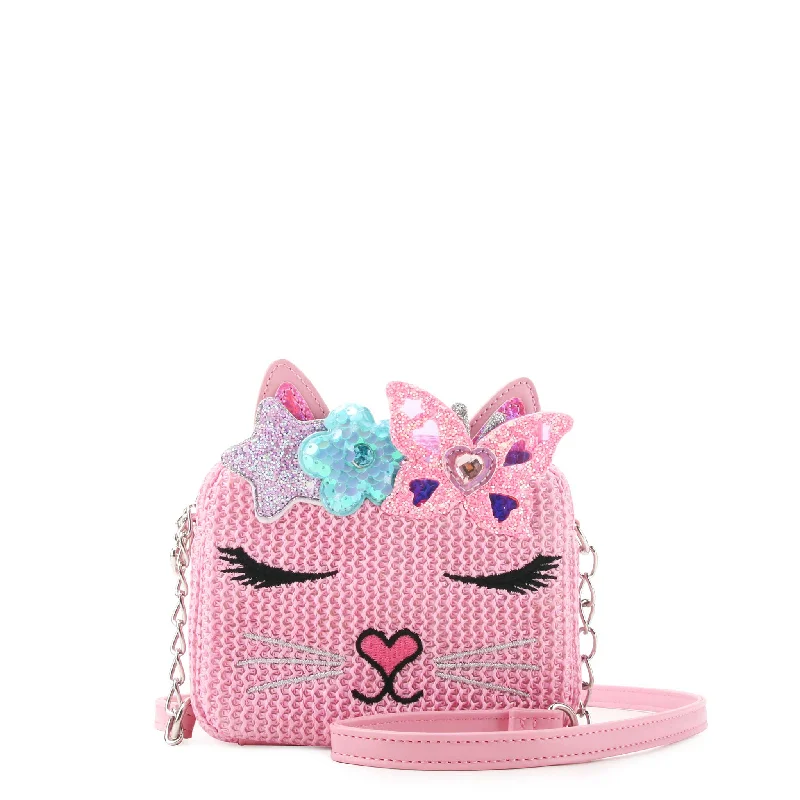 Ladies' crossbody bag collectible -Miss Bella Kitty Cat Pink Straw Crossbody Bag