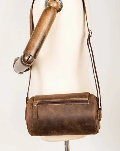 Ladies Bucket Bag Chic Look -Cool Mens Brown Leather Small Barrel Messenger Bag Bucket Courier Bags for Men