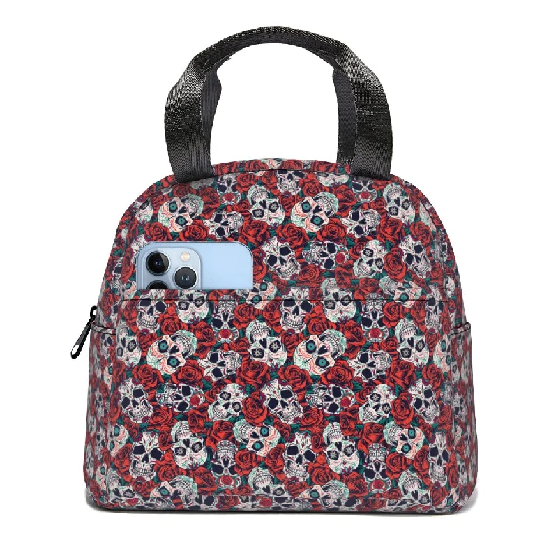 Red Skull Floral Canvas Handheld Insulated Lunch Bag With Side Pocket