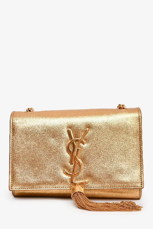 Ladies Handbag Luxury Chic -Saint Laurent Gold Metallic Leather Kate Tassle Chain Small Crossbody