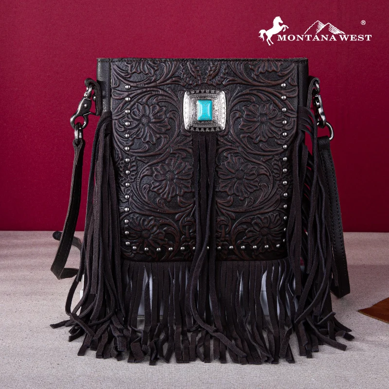 Ladies Handbag Multi Pocket -MWR-062 Montana West Genuine Leather Tooled Silver Turquoise Concho Fringe Crossbody - Coffee