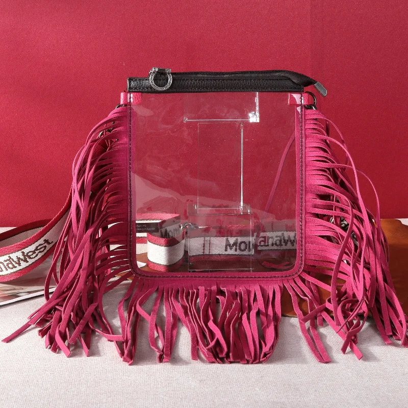 Ladies Handbag Soft Leather -MW906-A192   Montana West Western Fringe Clear Stadium Crossbody Bag Hot Pink