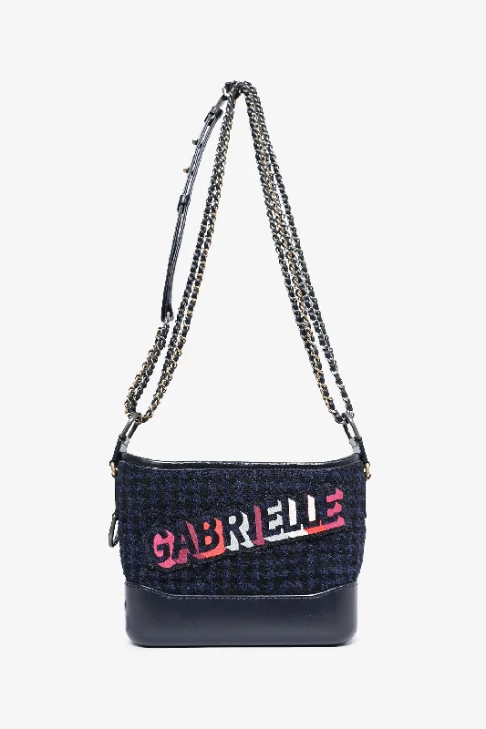 Ladies Handbag Roomy Design -Pre-Loved Chanel™ 2017 Black Leather/Navy Tweed Small Gabrielle Shoulder Bag (As Is)