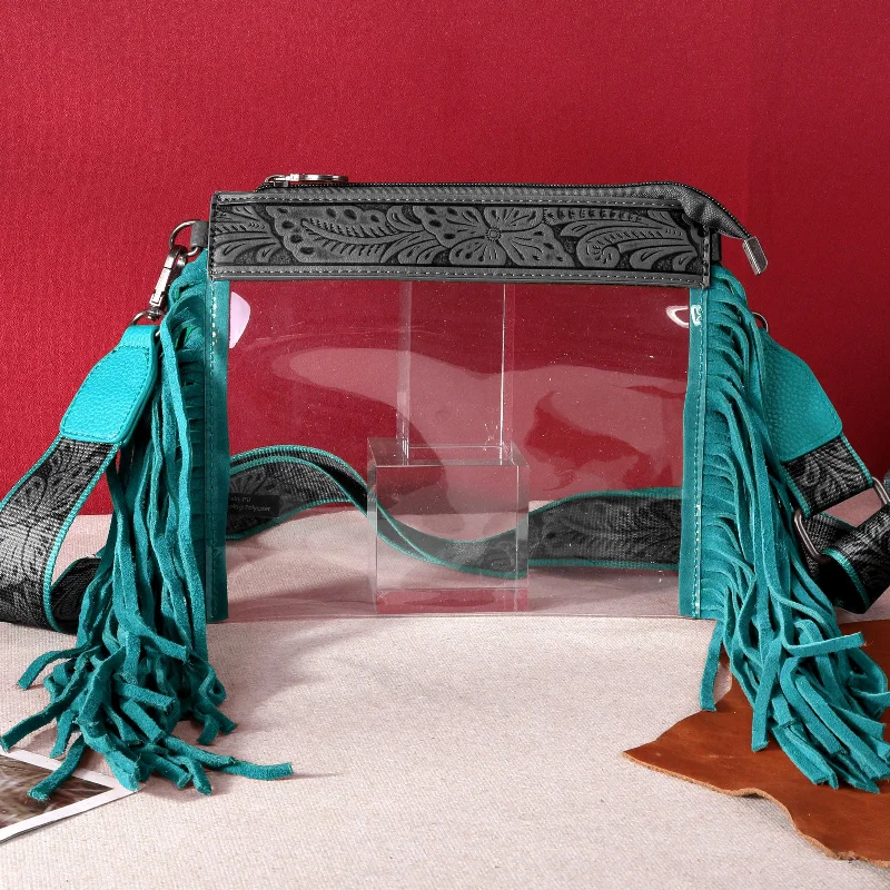 Ladies Handbag Animal Print -MW906-A191   Montana West Western Fringe Stadium Clear Crossbody Bag - Turquoise