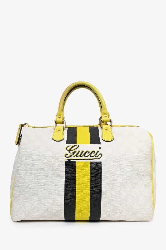 Ladies Handbag Soft Leather -Gucci Cream/Yellow Coated Canvas Boston Bag (As Is)