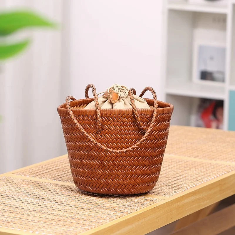 Ladies Bucket Bag Travel Leather -Boho Womens Leather Woven Bucket Shoulder Bag With Drawstring Inner Pouch Brown Shoulder Bag