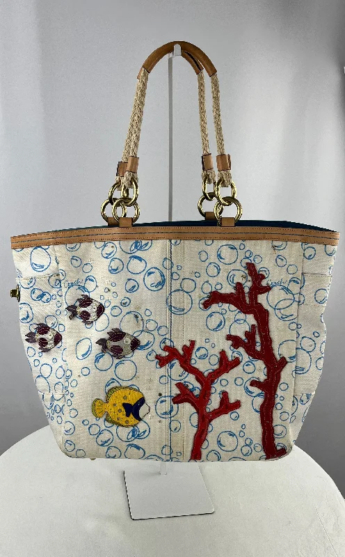 Ladies Tote Bag Designer Inspired -COACH "Limited Edition" Underwater Bubble Fish Coral White Canvas Tote Beach Bag