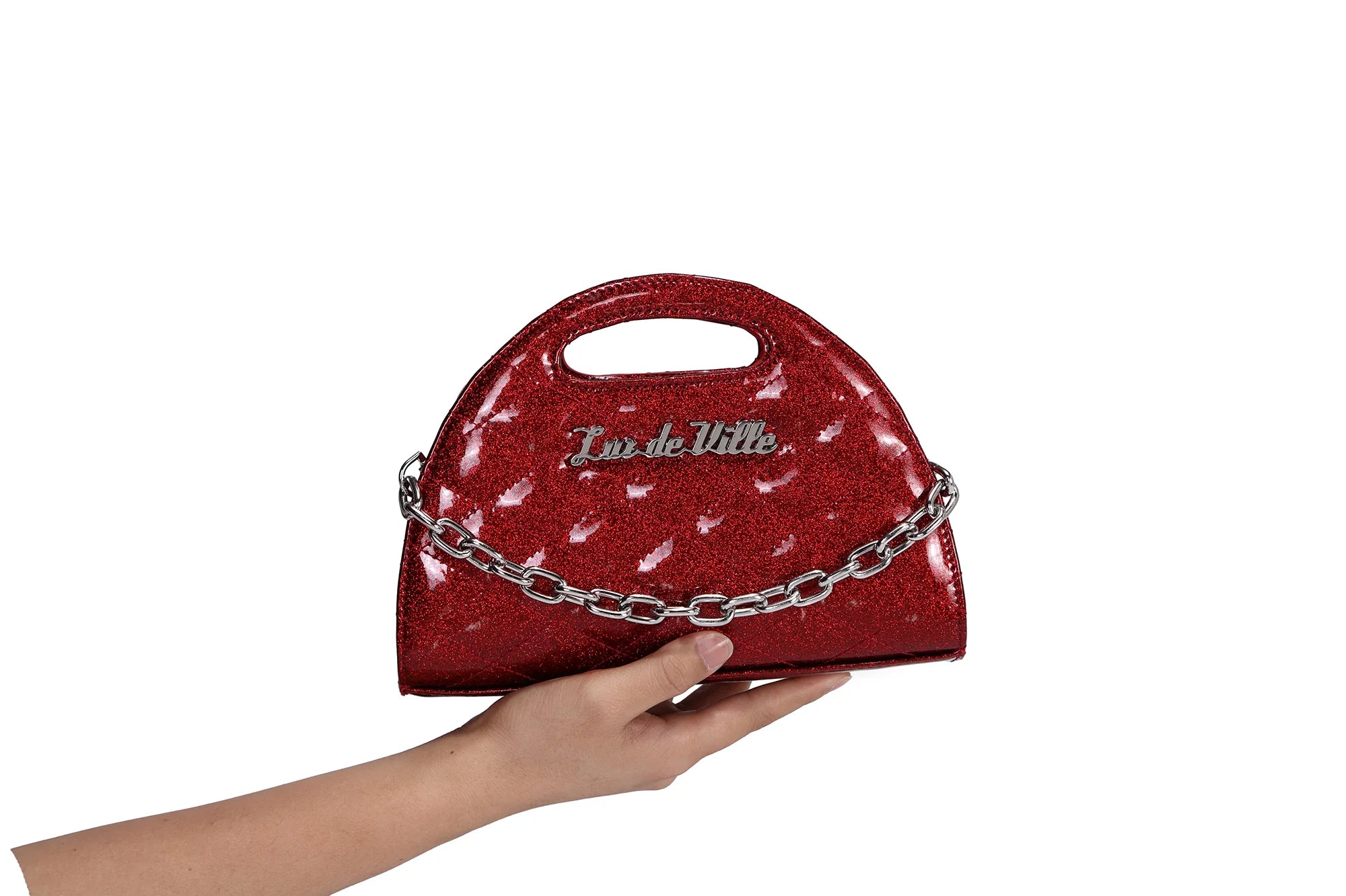 Ladies Tote Bag Lightweight Leather -Red Rum Sparkle Half Moon Tiny Tote