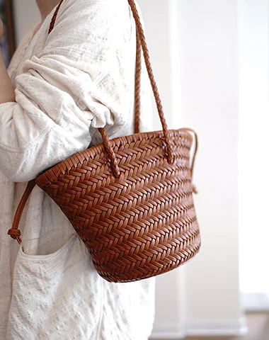 Ladies Bucket Bag Compact Leather -Brown Womens Braided Leather Bucket Purse Womens Braided Shoulder Bag for Ladies