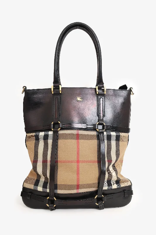 Ladies Handbag Everyday Leather -Burberry Beige/Black House Check Canvas/Leather Medium Bridle Lynher Tote