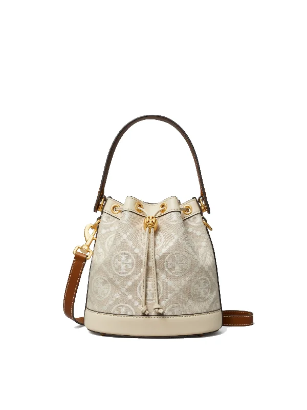 Ladies Bucket Bag Compact Canvas -TORY BURCH - Women T Monogram Embossed-logo Bucket Bag