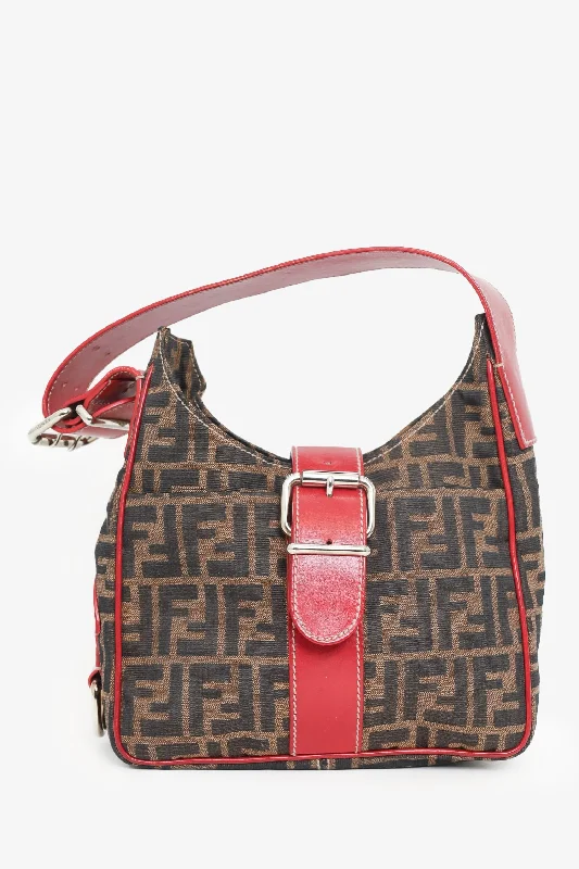 Ladies Handbag Eco Canvas -Fendi Brown/Red FF Canvas Zucca Shoulder Bag