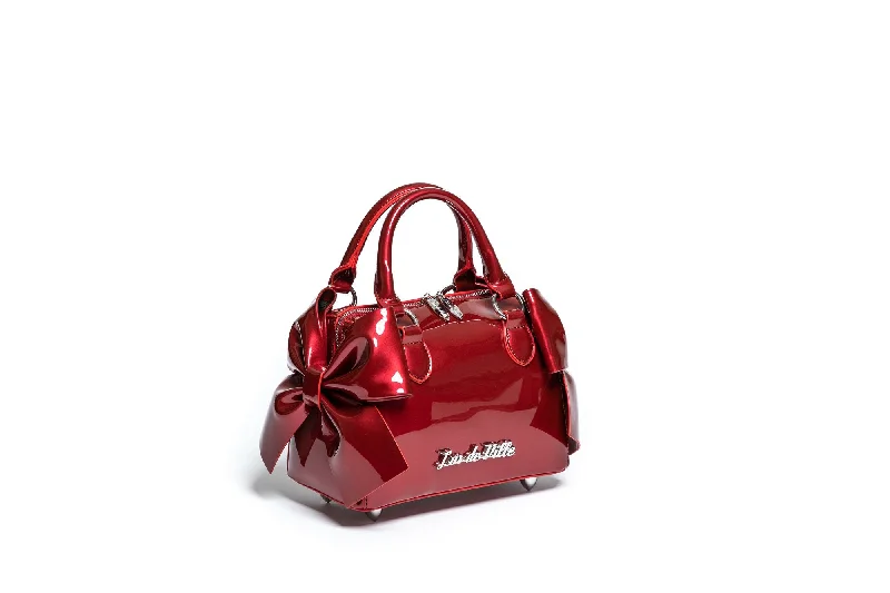 Ladies Tote Bag Subtle Style -Red Shiny Mini Double Bow Tote