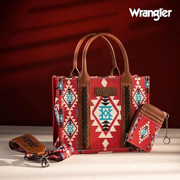 Ladies Tote Bag Bright Colors -WG2203-8120SW  Wrangler Aztec Small Tote/Crossbody and Card Case Set 2Pc- Burgundy