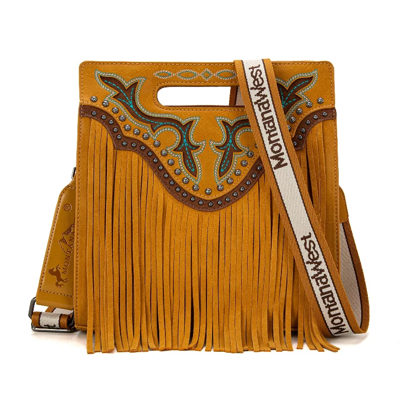 Ladies Tote Bag Lightweight Chic -MW1281G-9360  Montana West Fringe Embroidered Concealed Carry Tote/Crossbody - Mustard