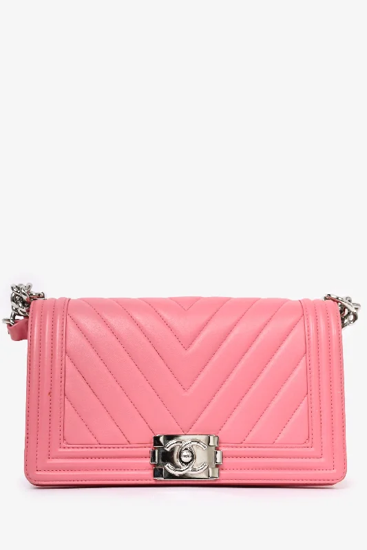 Ladies Handbag Bold Leather -Pre-Loved Chanel™ 2016/17 Pink Leather Chevron Patterned Medium Boy Crossbody