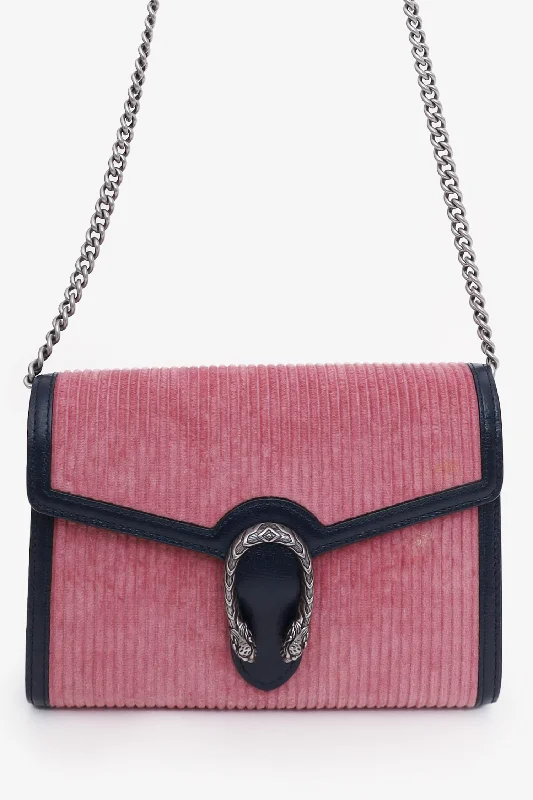 Ladies Handbag Lightweight Travel -Gucci Pink/Navy Corduroy Dionysus Wallet on Chain