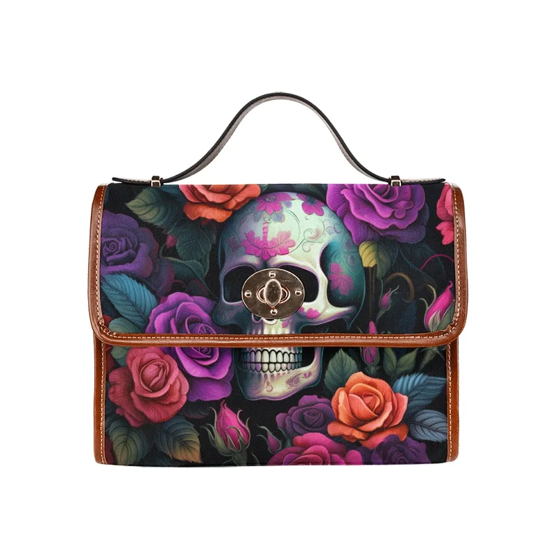 Skull Bright Floral Waterproof Canvas Bag-Brown Trim