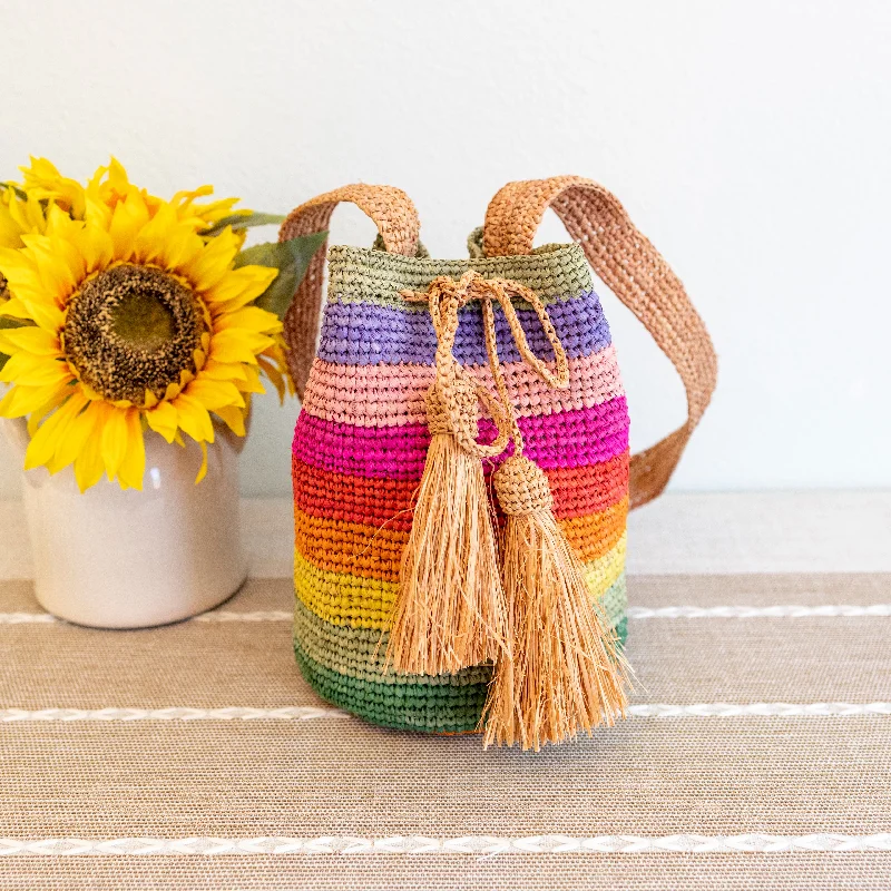 Ladies Bucket Bag Classic Brown -Elena Handbags Women's Raffia Straw Rainbow Crossbody Bucket Bag