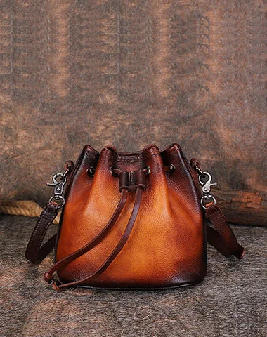 Ladies Bucket Bag Everyday Style -Womens Brown Leather Barrel Crossbody Bag Purse Vintage Round Bucket Shoulder Bag for Women