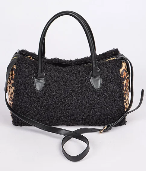 Ladies Tote Bag Retro Chic -Fuzzy Black & Leopard Tote