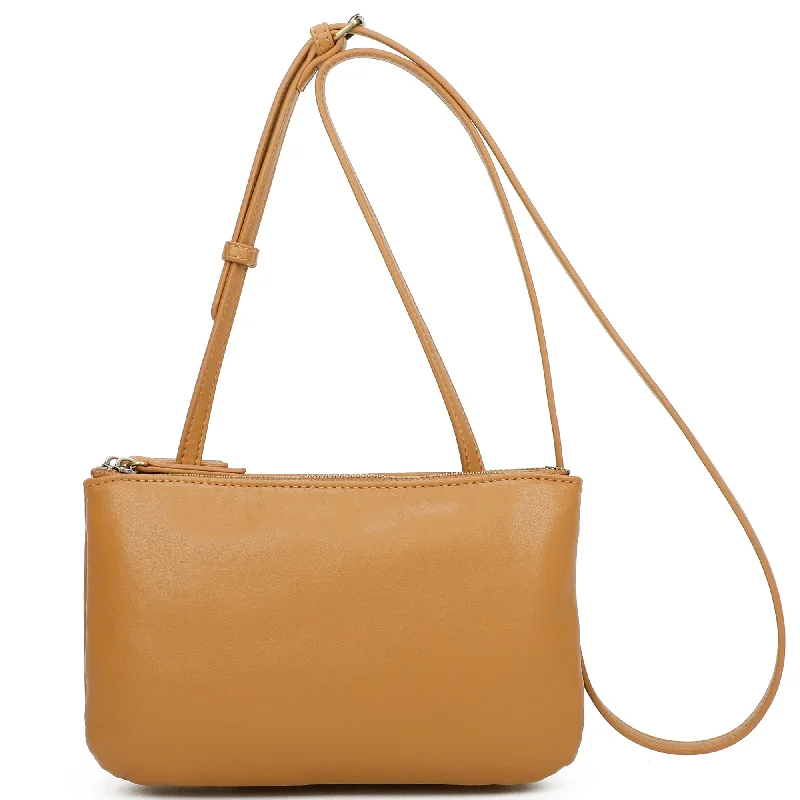 Ladies' crossbody bag handmade -Eden Biodegradable Vegan Leather Double Zip Crossbody Bag - Tan