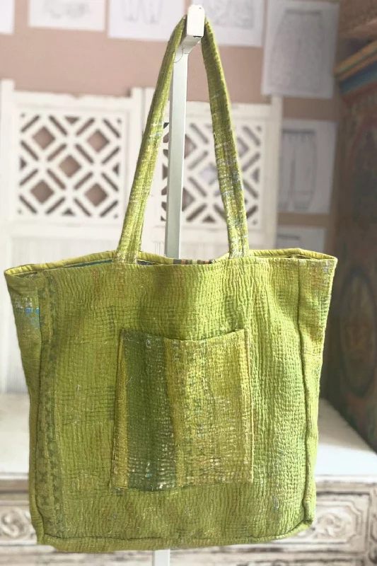 Ladies Tote Bag Sleek Minimal -Grass Green Medium Kantha Tote