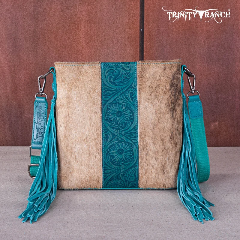 Ladies Handbag Lightweight Leather -TR159G-9360   Trinity Ranch Hair-On Cowhide/Tooled Fringe Concealed Carry Crossbody Bag