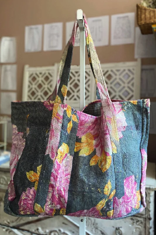 Ladies Tote Bag Eco Leather -Floral Kantha Large Tote Bag