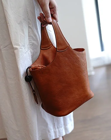 Ladies Bucket Bag Stylish Strap -Vintage Brown Leather Small Bucket Handbag Women Handmade Small Barrel Bag for Women