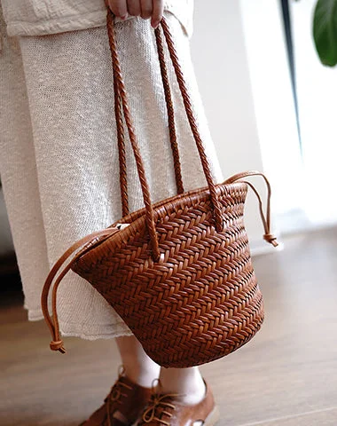 Ladies Bucket Bag Beach Essential -Brown Womens Braided Leather Shoulder Bag Womens Braided Bucket Purse for Ladies