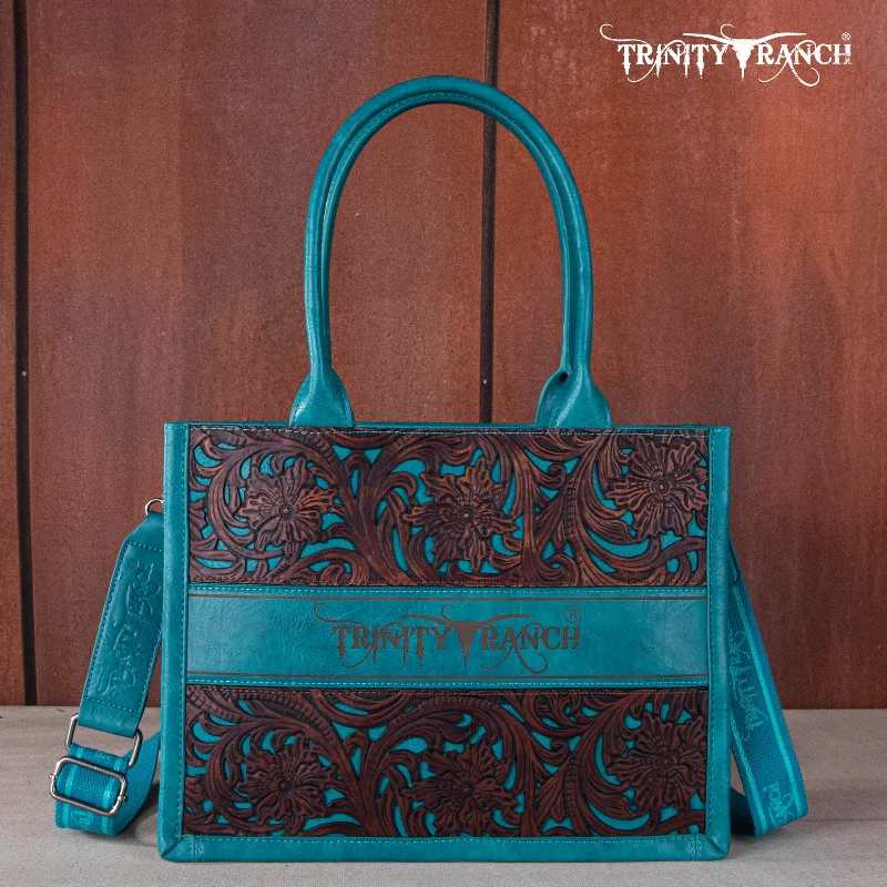 Ladies Handbag Work Canvas -TR169G-8119S   Trinity Ranch Floral Tooled Concealed Carry Tote - Turquoise