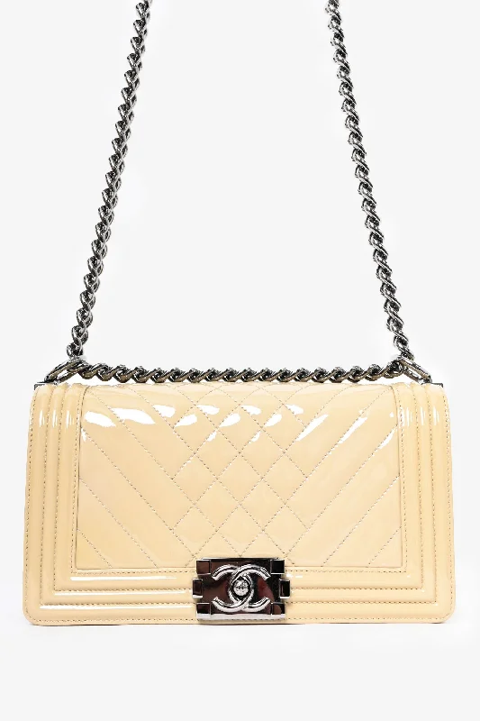 Ladies Handbag Work Leather -Pre-Loved Chanel™ 2014 Beige Chevron Patent Leather Old Medium Boy Bag (As Is)