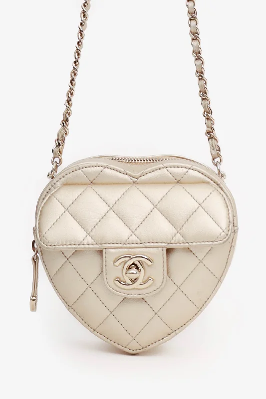 Ladies Handbag Premium Quality -Pre-loved Chanel™  22S Gold Quilted Lambskin CC in Love Heart Mini Bag