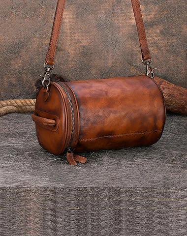 Ladies Bucket Bag Soft Chic -Vintage Brown Leather Womens Barrel Shoulder Bag Bucket Crossbody Purse for Women