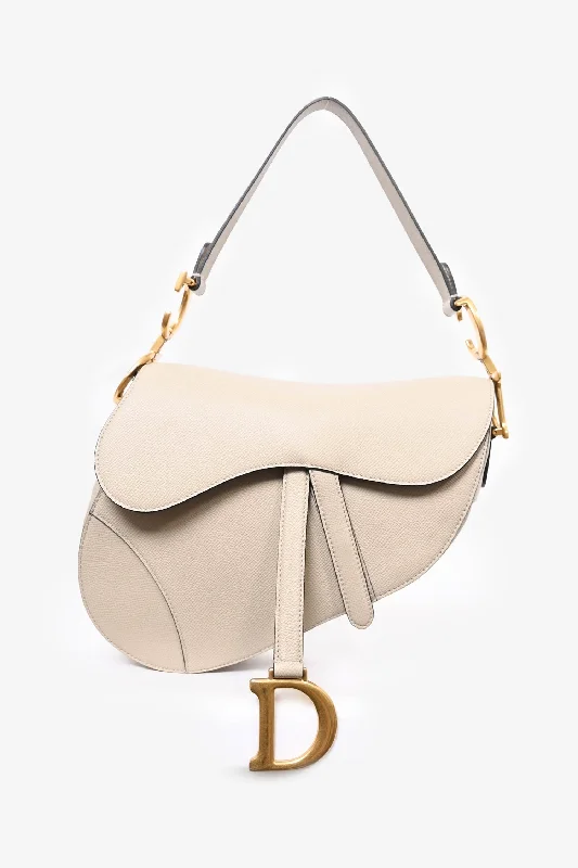 Ladies Handbag Party Companion -Christian Dior Beige Grained Leather Medium Saddle Bag with Strap