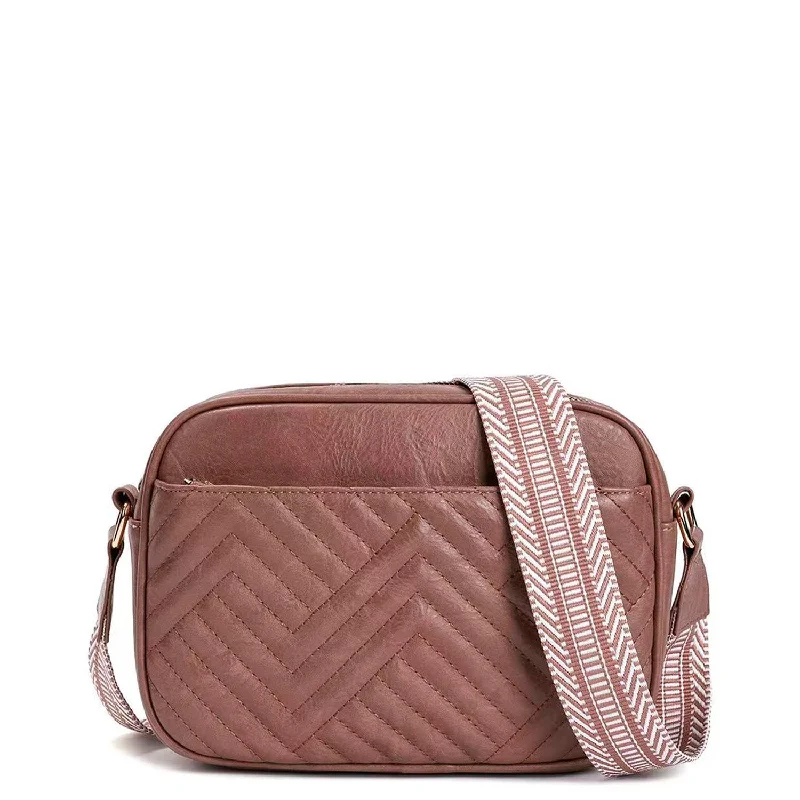 Ladies' crossbody bag supply -Jayda Vegan Leather Embossed Chevron Guitar Strap Crossbody - Brown