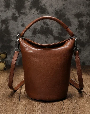 Ladies Bucket Bag Timeless Appeal -Small Womens Brown Leather Bucket Handbag Vintage Shoulder Barrel Purses for Ladies