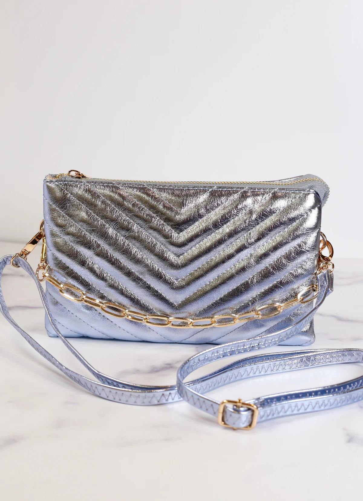 Ladies' crossbody bag texture -Caroline Hill Sherman Crossbody Handbag in Metallic Denim