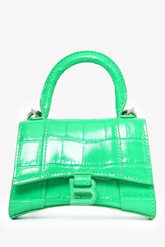 Ladies Handbag Shoulder Strap -Balenciaga Green Croc Embossed Hourglass Mini Chain Bag