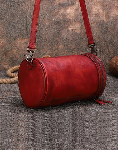 Ladies Bucket Bag Retro Leather -Womens Red Leather Barrel Shoulder Bag Purse Vintage Round Handbag Bucket Crossbody Purse for Women