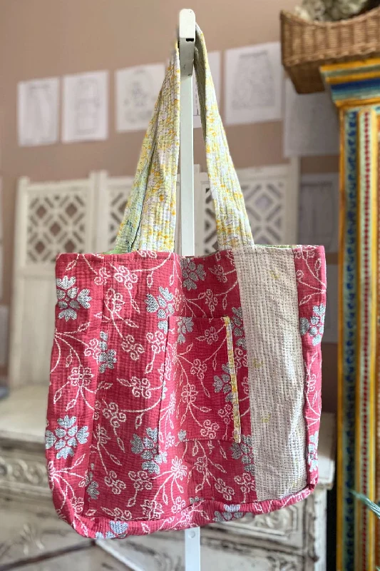 Ladies Tote Bag Soft Neutrals -Rosey Red Kantha Medium Tote