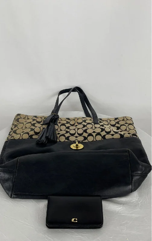 Ladies Tote Bag Outdoor Adventure -Coach Signature Turnlock Black Tan Leather Tote Purse W/Wallet