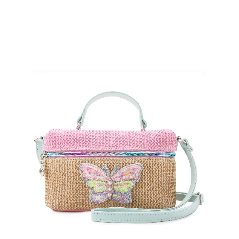 Ladies' crossbody bag glitter -Straw Butterfly Top Handle Crossbody Bag