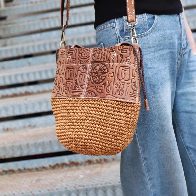 Ladies Bucket Bag Multi Leather -Boho Women's Small Crossbody Purse Woven Linen And Leather Bucket Handbags