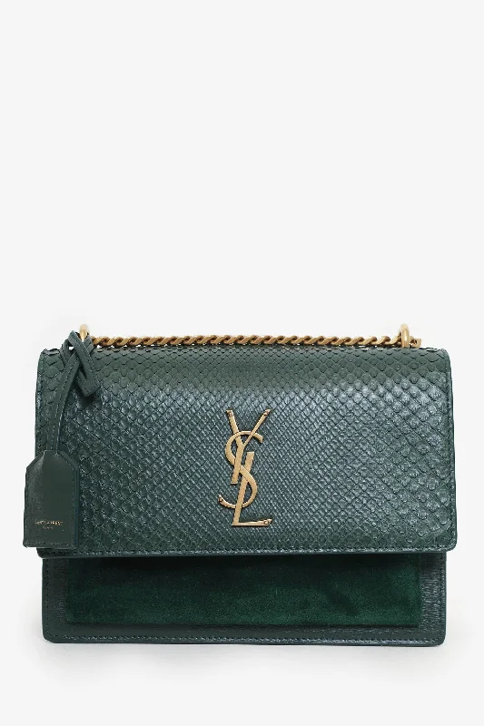 Ladies Handbag Handmade Craft -Saint Laurent Green Python-Effect Embossed Medium Sunset Shoulder Bag