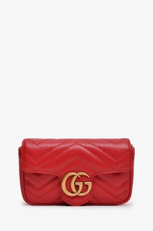 Ladies Handbag Sleek Leather -Gucci Red Chevron Leather Super Mini Marmont Bag