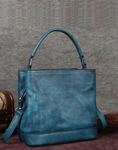 Ladies Bucket Bag Lightweight Model -Vintage Women Blue Bucket Handbag Leather Brown Shoulder Barrel Bag Bucket Bag for Ladies