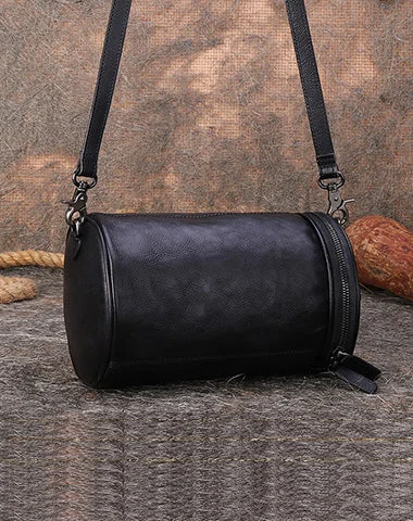 Ladies Bucket Bag Everyday Leather -Vintage Black Gray Leather Womens Barrel Shoulder Bag Bucket Crossbody Purse for Women