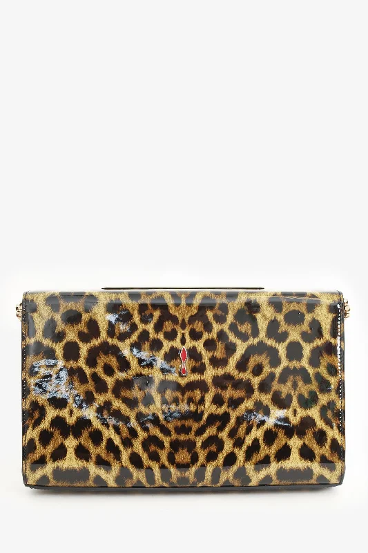 Ladies Handbag Compact Leather -Christian Louboutin Brown Leopard Print Patent Leather Vanite Clutch with Chain